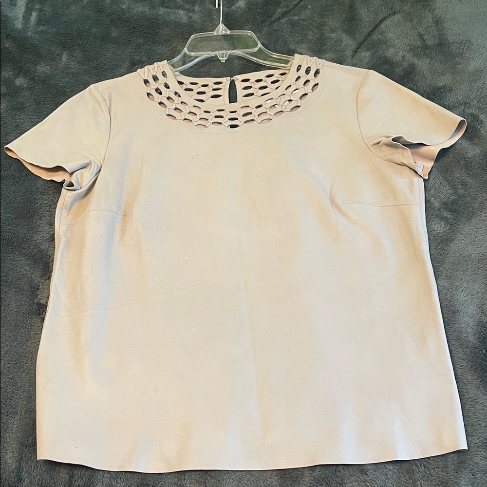Womens Grey leather Short Sleeve Cutout Neck Top